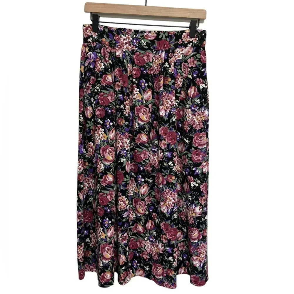 Vintage 90s Grunge Black Floral Pockets Midi Skirt S/M